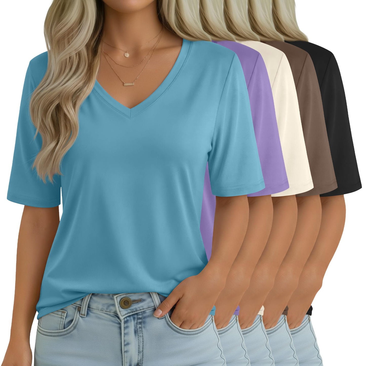 Women's V-Neck Half Sleeve T-Shirt 5-Pack Casual Tops