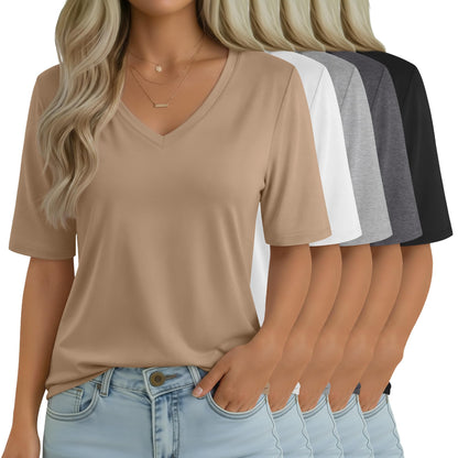 Women's V-Neck Half Sleeve T-Shirt 5-Pack Casual Tops
