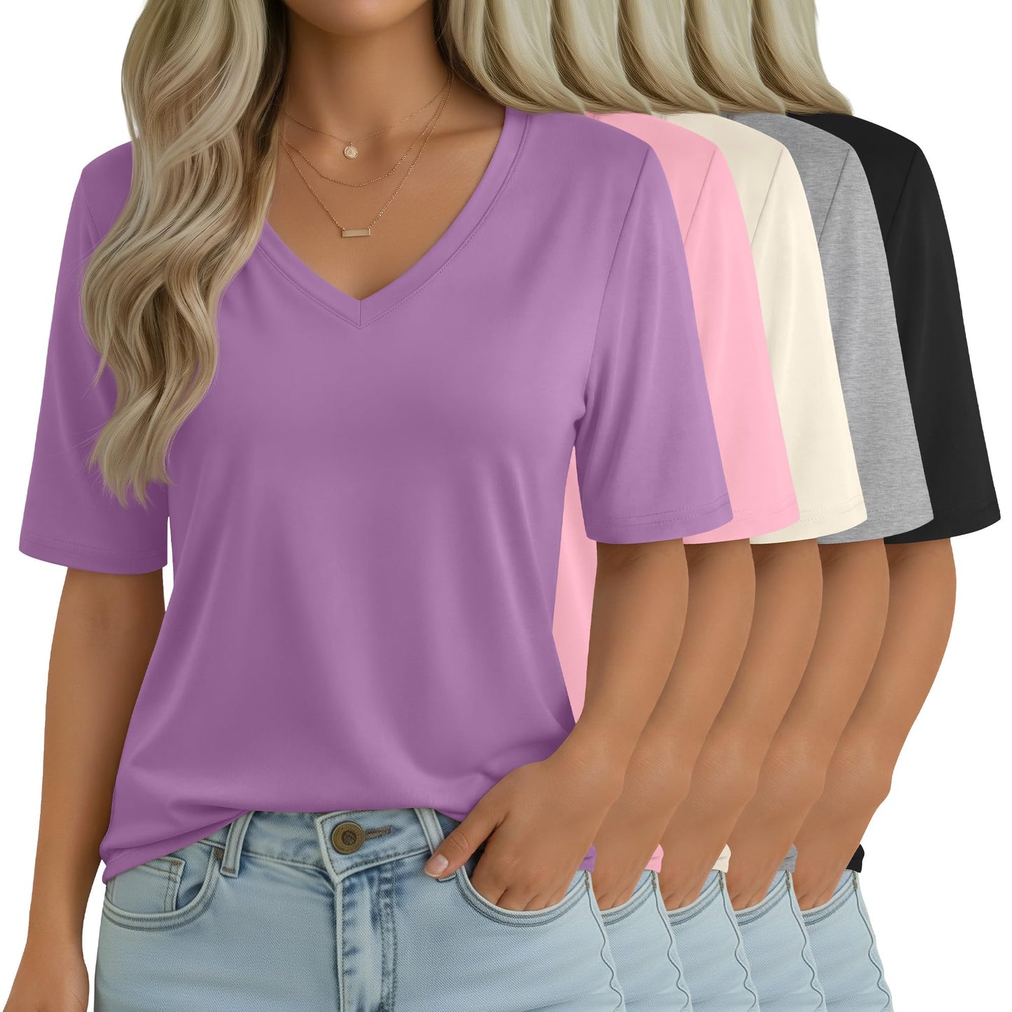 Women's V-Neck Half Sleeve T-Shirt 5-Pack Casual Tops
