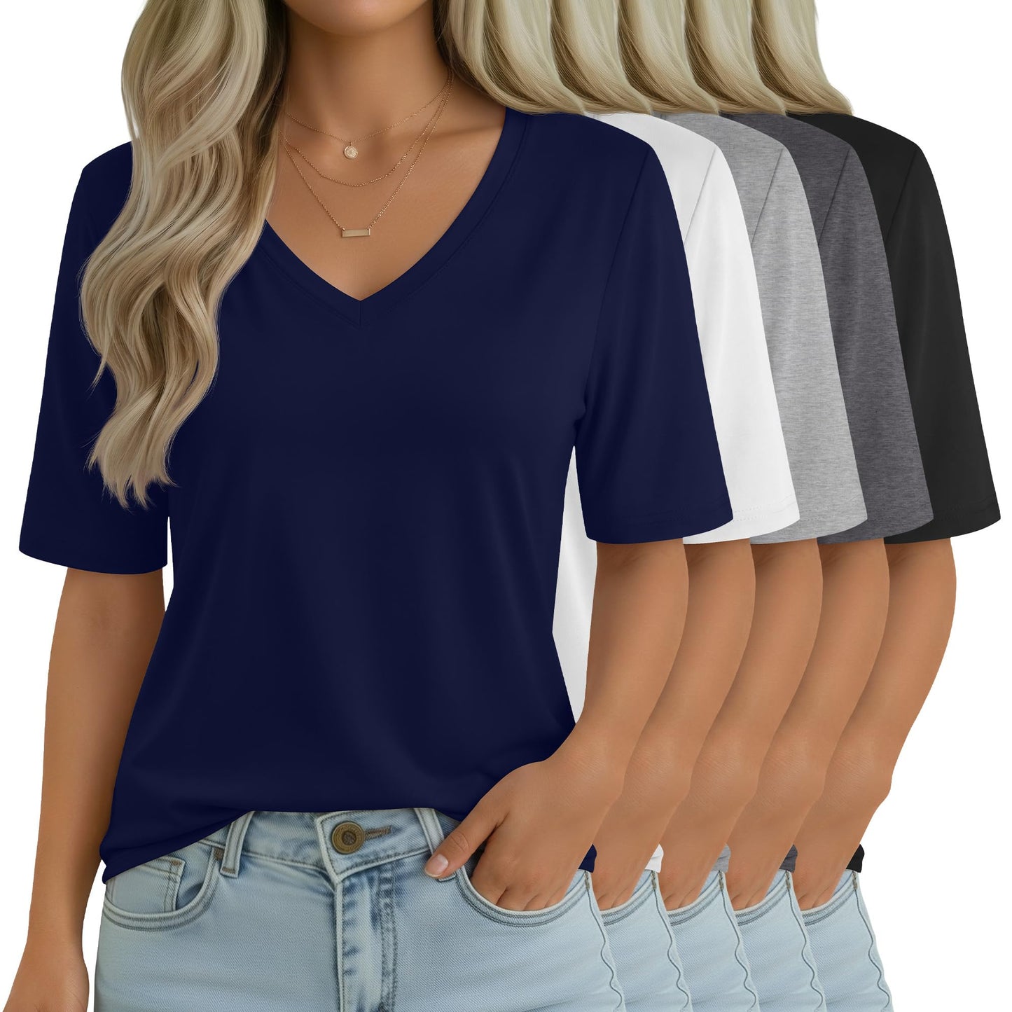 Women's V-Neck Half Sleeve T-Shirt 5-Pack Casual Tops
