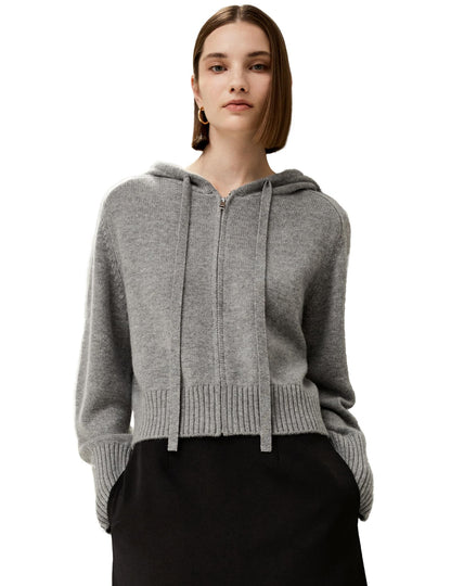 Wool Cashmere Zip Hoodie Cardigan Lightweight Knit Sweater