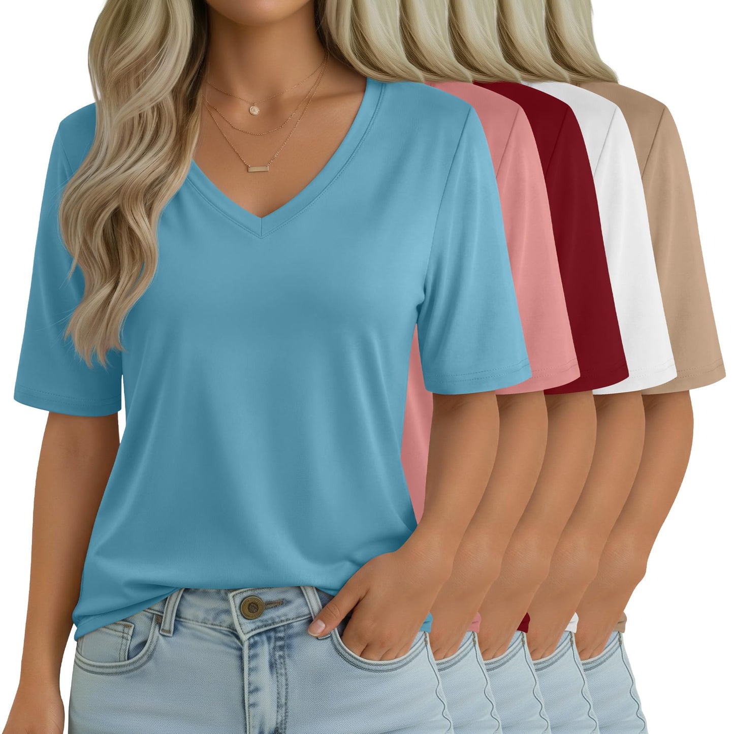 Women's V-Neck Half Sleeve T-Shirt 5-Pack Casual Tops