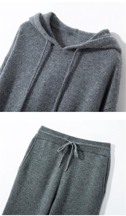 Women Wool Hooded Knit Jogger Set Two Piece Tracksuit