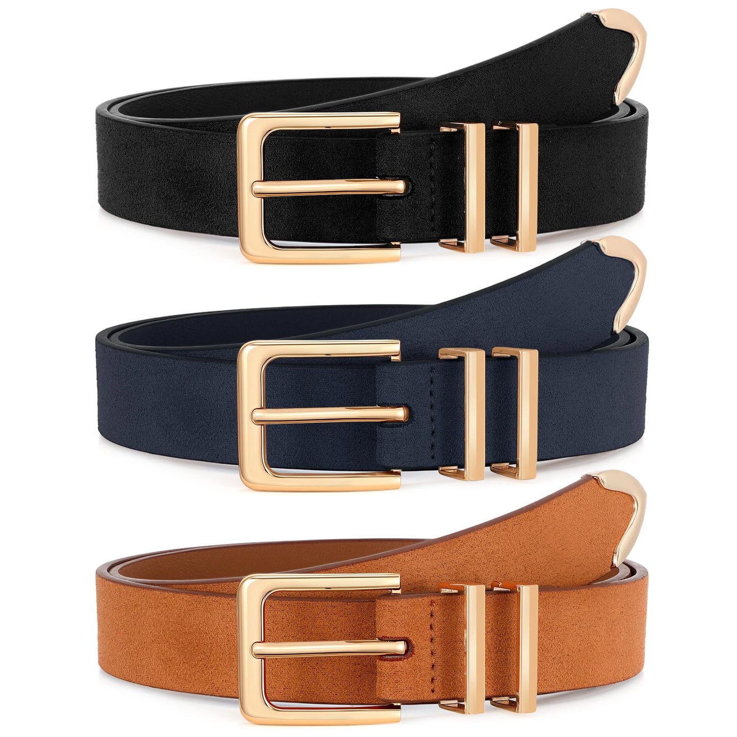 Women Leather Belts 3 Pack Gold Buckle Jeans Dress