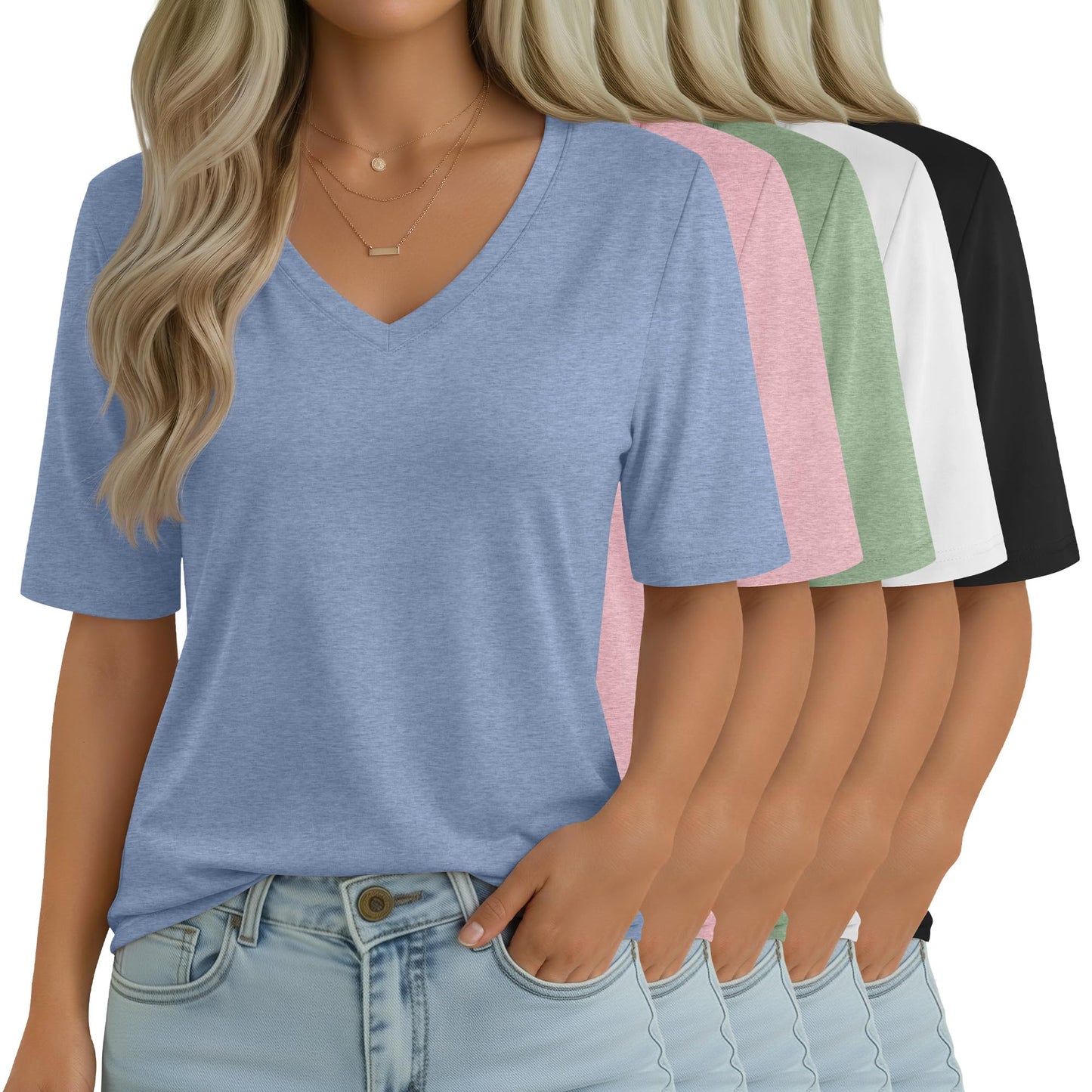 Women's V-Neck Half Sleeve T-Shirt 5-Pack Casual Tops