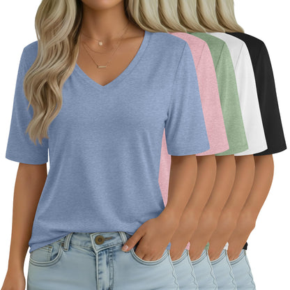 Women's V-Neck Half Sleeve T-Shirt 5-Pack Casual Tops