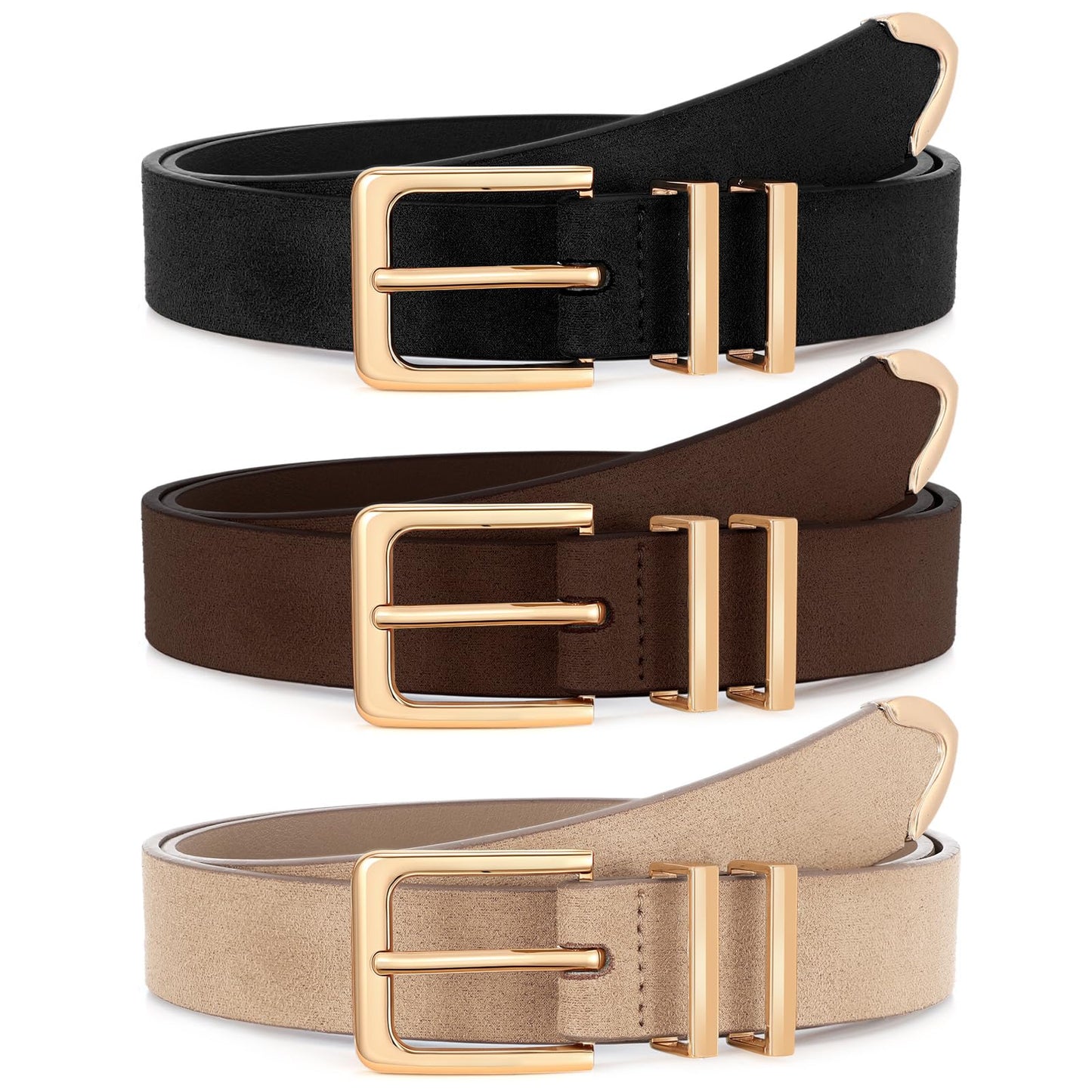 Women Leather Belts 3 Pack Gold Buckle Jeans Dress